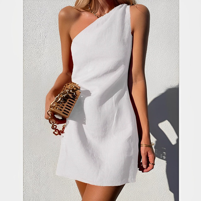 Camel One Shoulder High Neck Knit Mini Dress - Elien