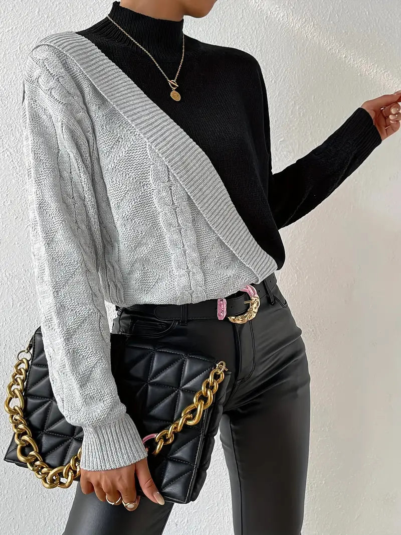 Damen Rollkragenpullover – Farbblock Zopfstrick Design, Warm-54586-77f19451-2c08-4759-a6e4-93f487e56c56