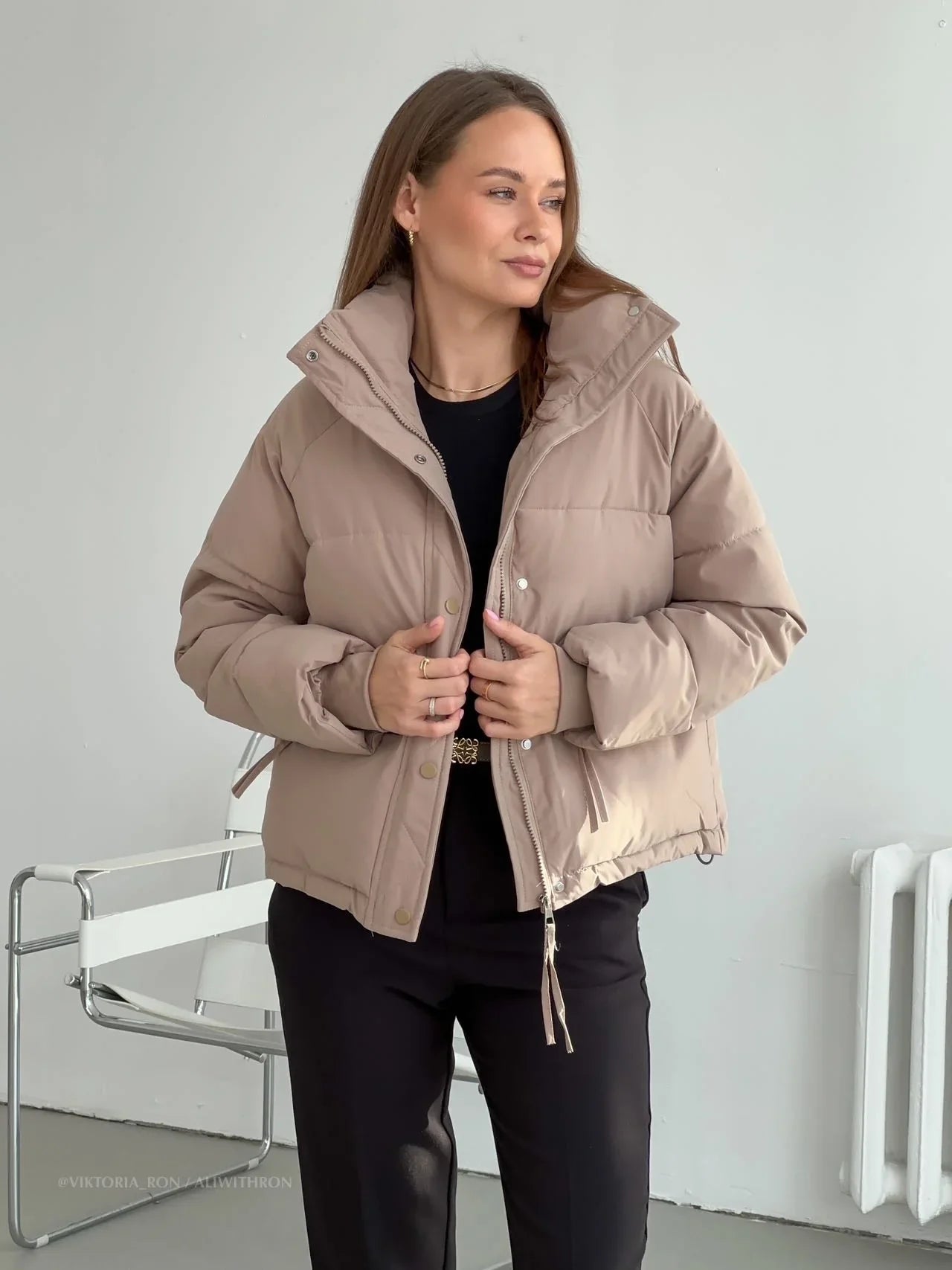 Damen Kurze Pufferjacke – Gesteppt, Wasserabweisend, Hoher Kragen, Polyester, Casual Chic-65207-0389de45-debf-48c5-b205-459bdf717965