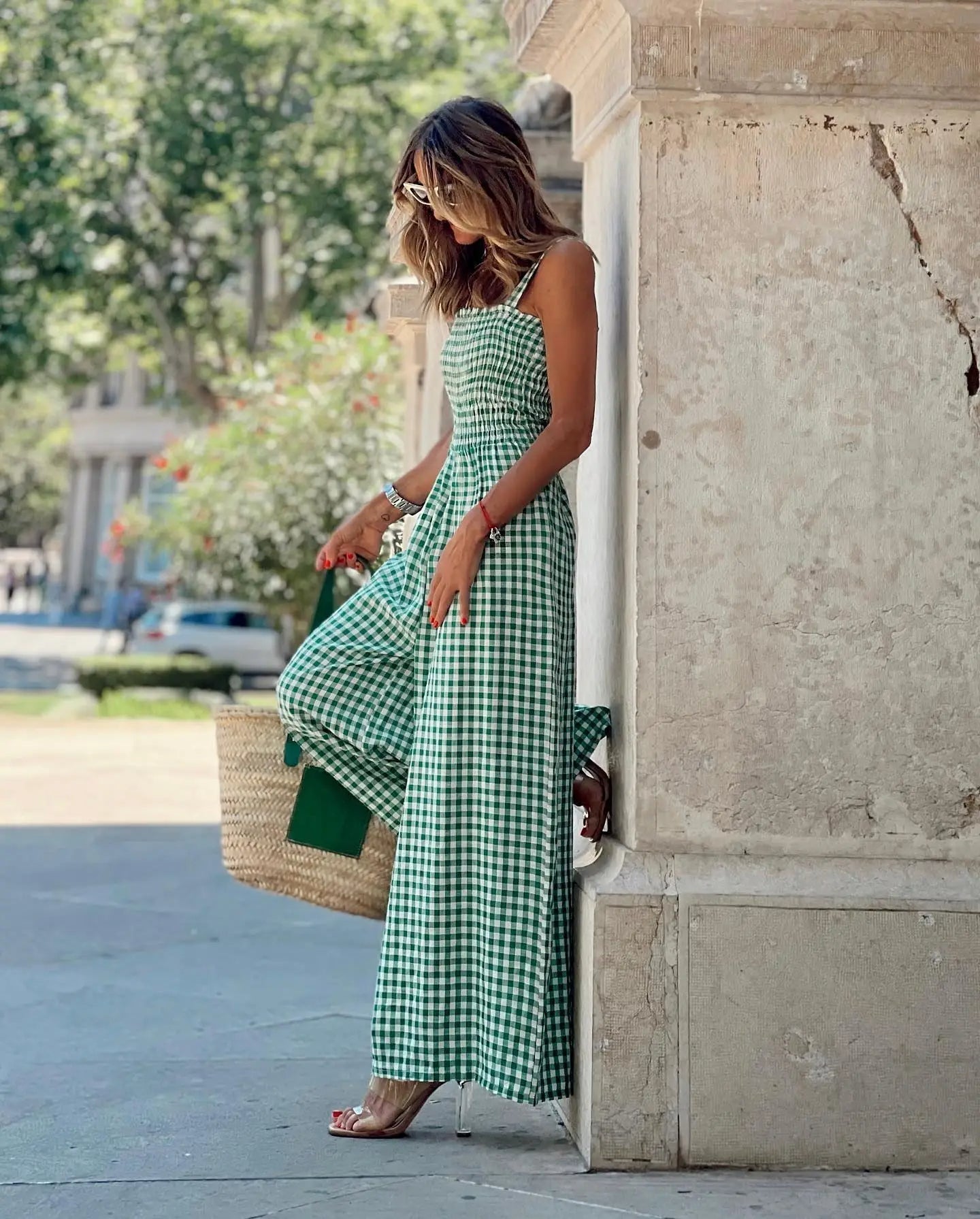 Gingham Jumpsuit mit weitem Bein