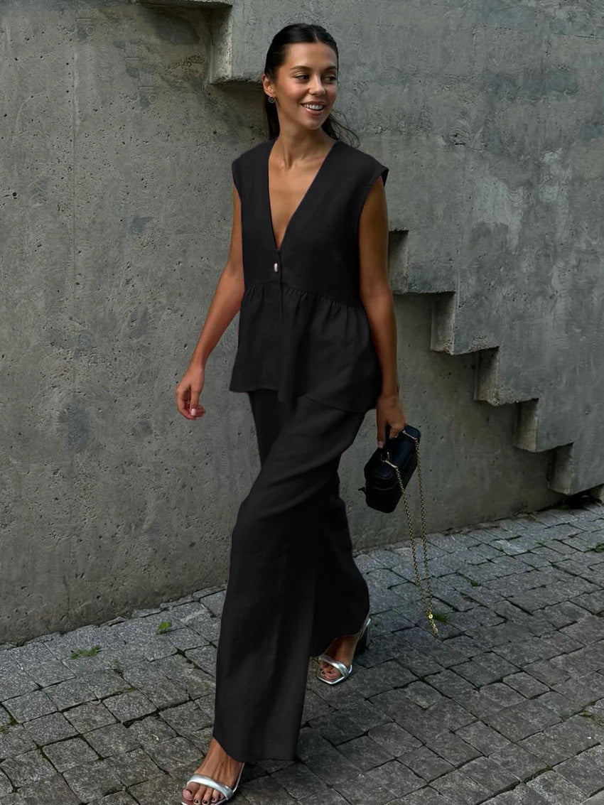 Kleidhaus Damen Leinen Zweiteiler – Atmungsaktives Ärmelloses Top & Weite Hose mit V-Ausschnitt-83272-0c63c763-28ea-4941-8b59-9294f11645bc