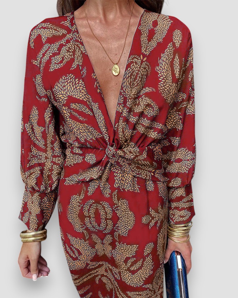 Damen Kleid Langarm V-Ausschnitt Print Knotendetail Elegant-83293-0cd70f95-a68a-4a1f-a035-41577c935f07