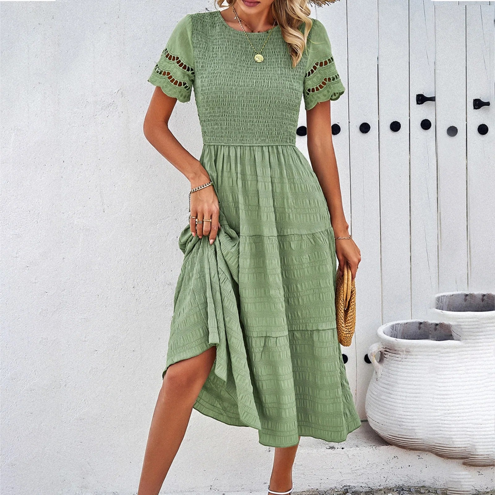 Damen Kleid mit Smock-Oberteil, kurzen Ärmeln, Lochstickerei & Stufenrock-81836-16be4dc9-95b4-4527-b4de-c22e2eae562e