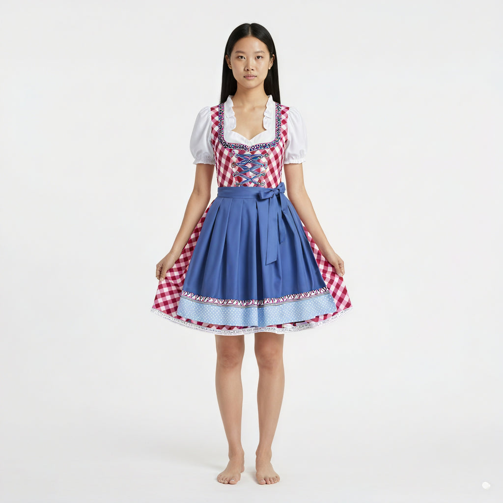 Traditionelles Dirndl – Kariertes Mieder, Puffärmel & Spitzenbesatz