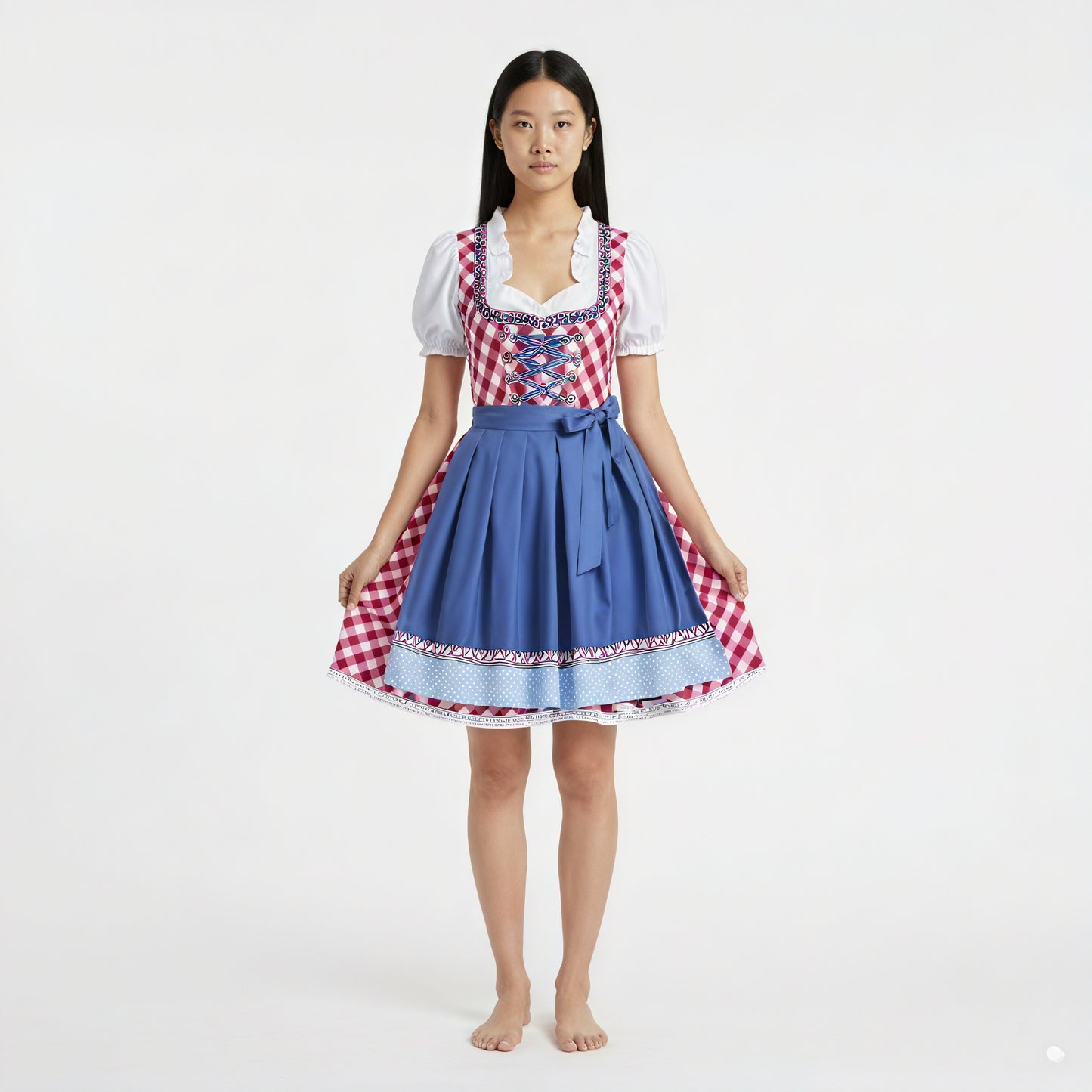 Traditionelles Dirndl – Kariertes Mieder, Puffärmel & Spitzenbesatz
