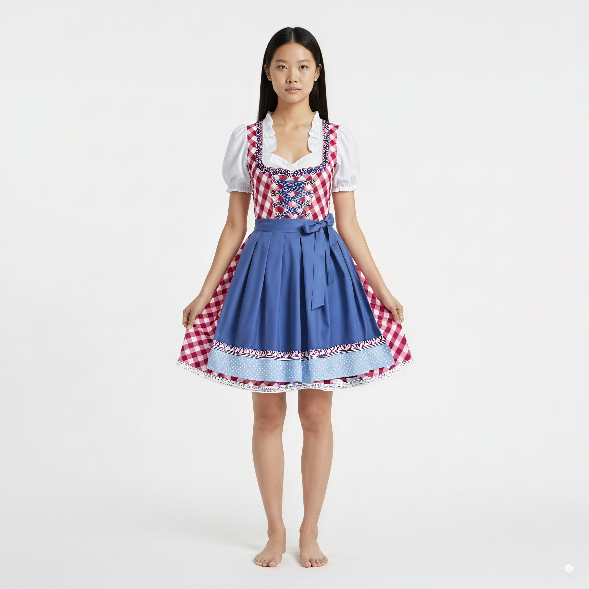 Traditionelles Dirndl – Kariertes Mieder, Puffärmel & Spitzenbesatz