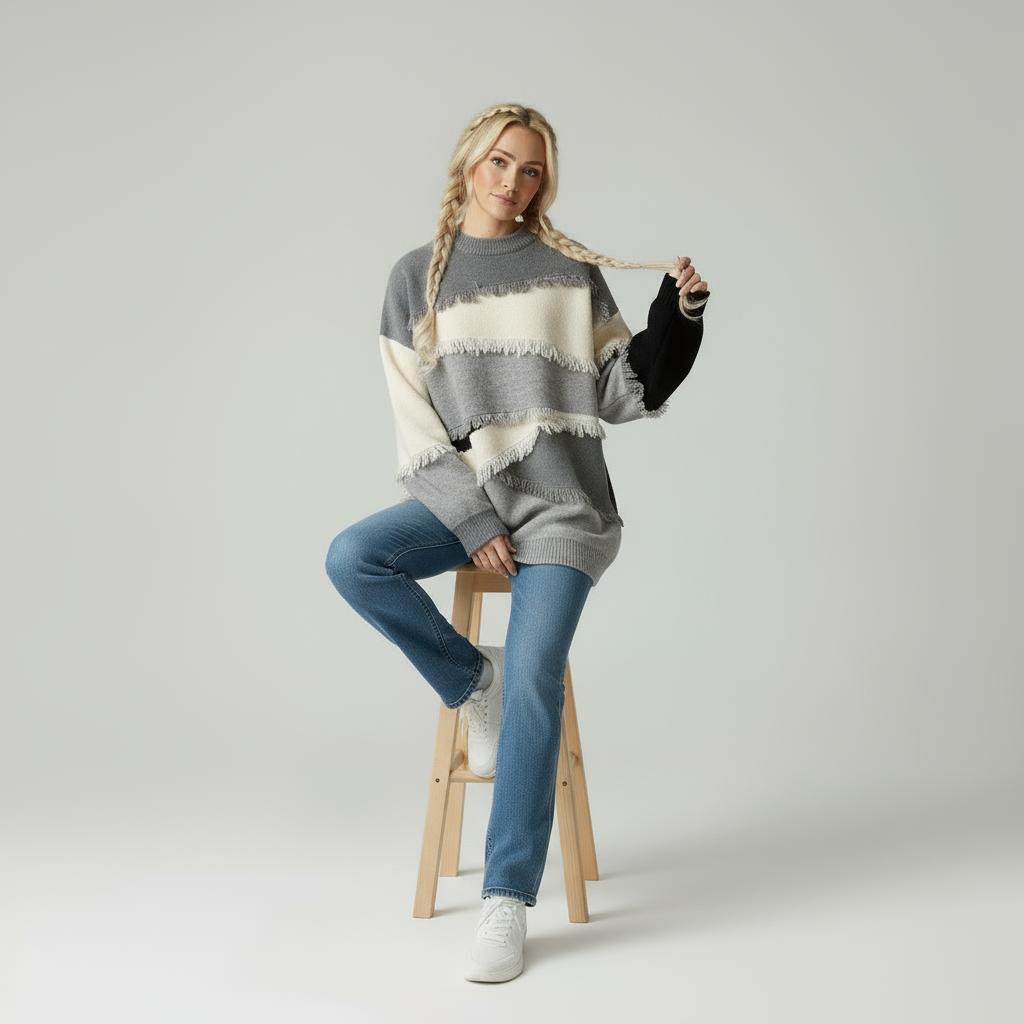 Zeitloser Oversized Strickpullover mit Fransen