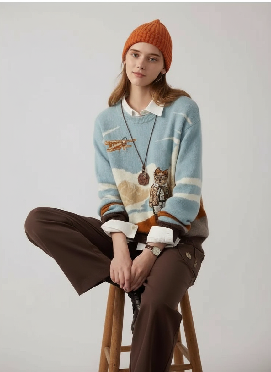 Zeitloser Strickpullover mit Abenteuer-Motiv