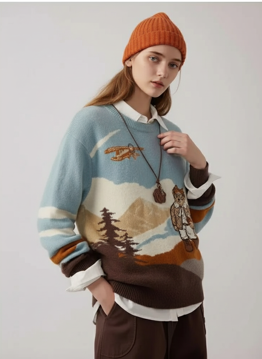 Zeitloser Strickpullover mit Abenteuer-Motiv