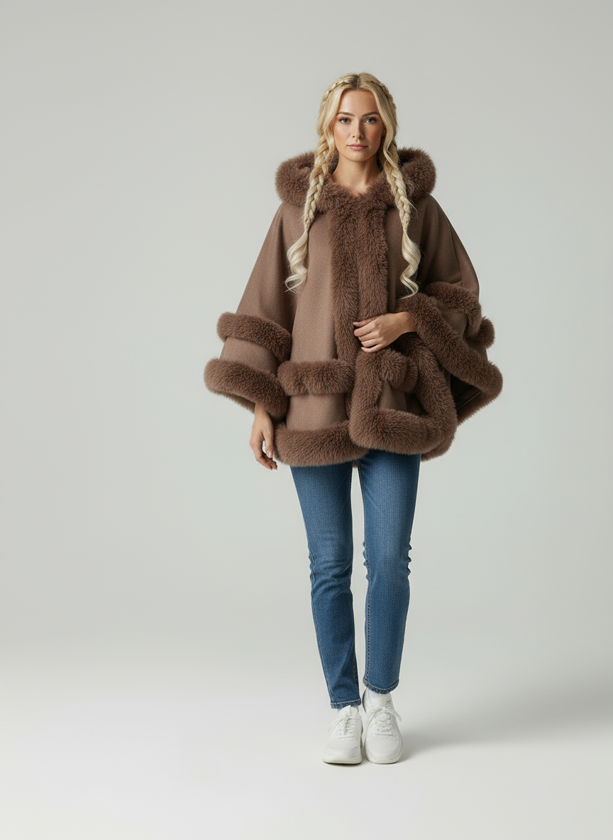 Zeitlose Fiona Umhangjacke mit luxuriösem Pelzbesatz