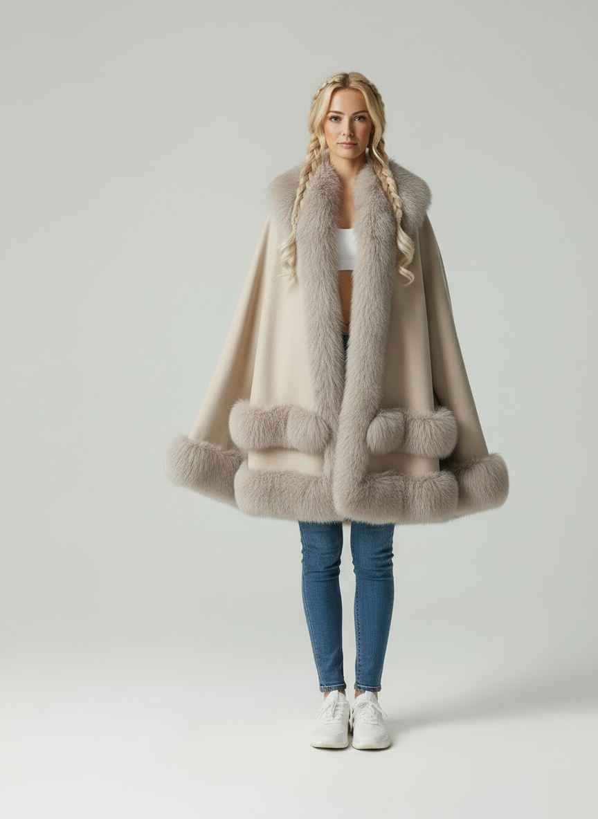 Zeitlose Fiona Umhangjacke mit luxuriösem Pelzbesatz