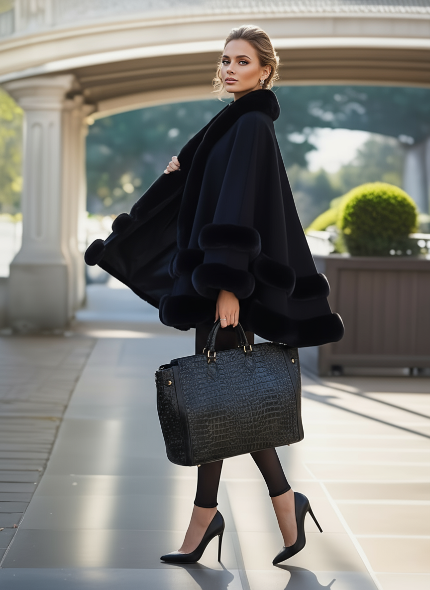 Zeitlose Fiona Umhangjacke mit luxuriösem Pelzbesatz