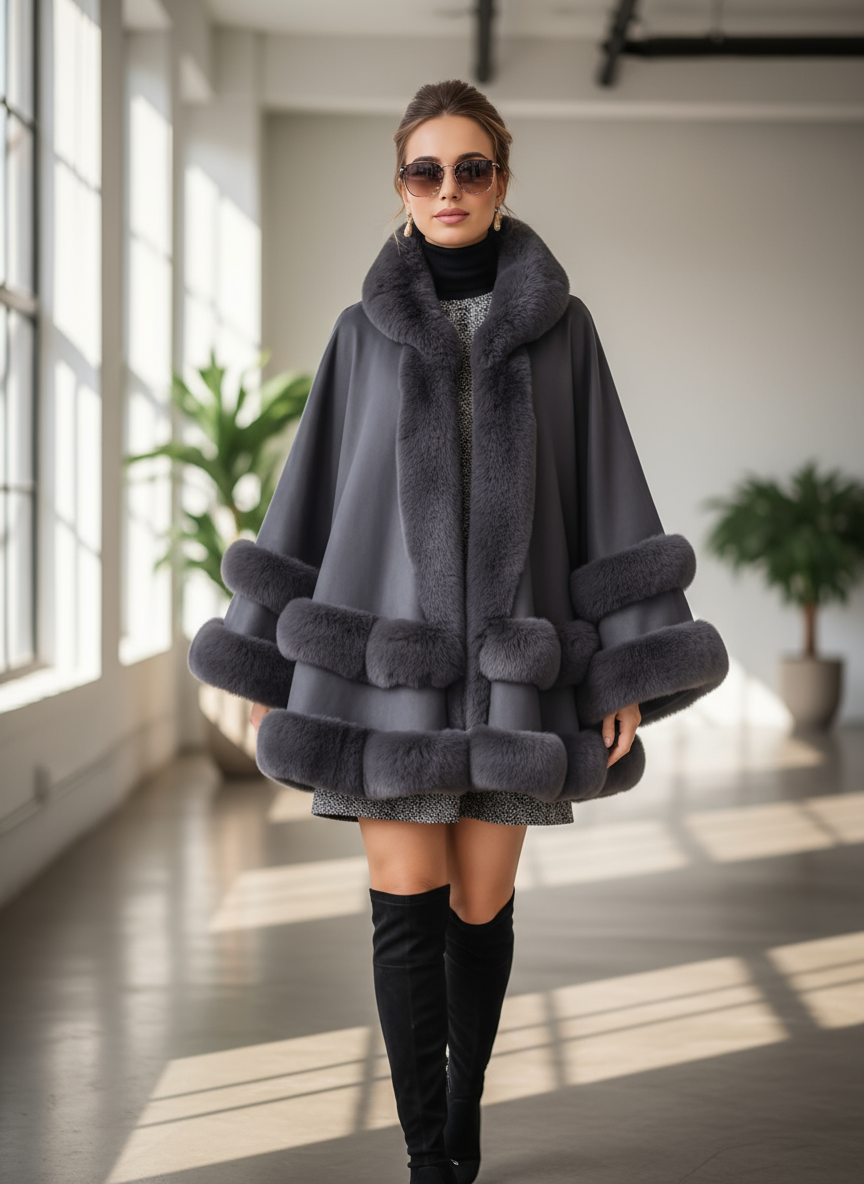 Zeitlose Fiona Umhangjacke mit luxuriösem Pelzbesatz