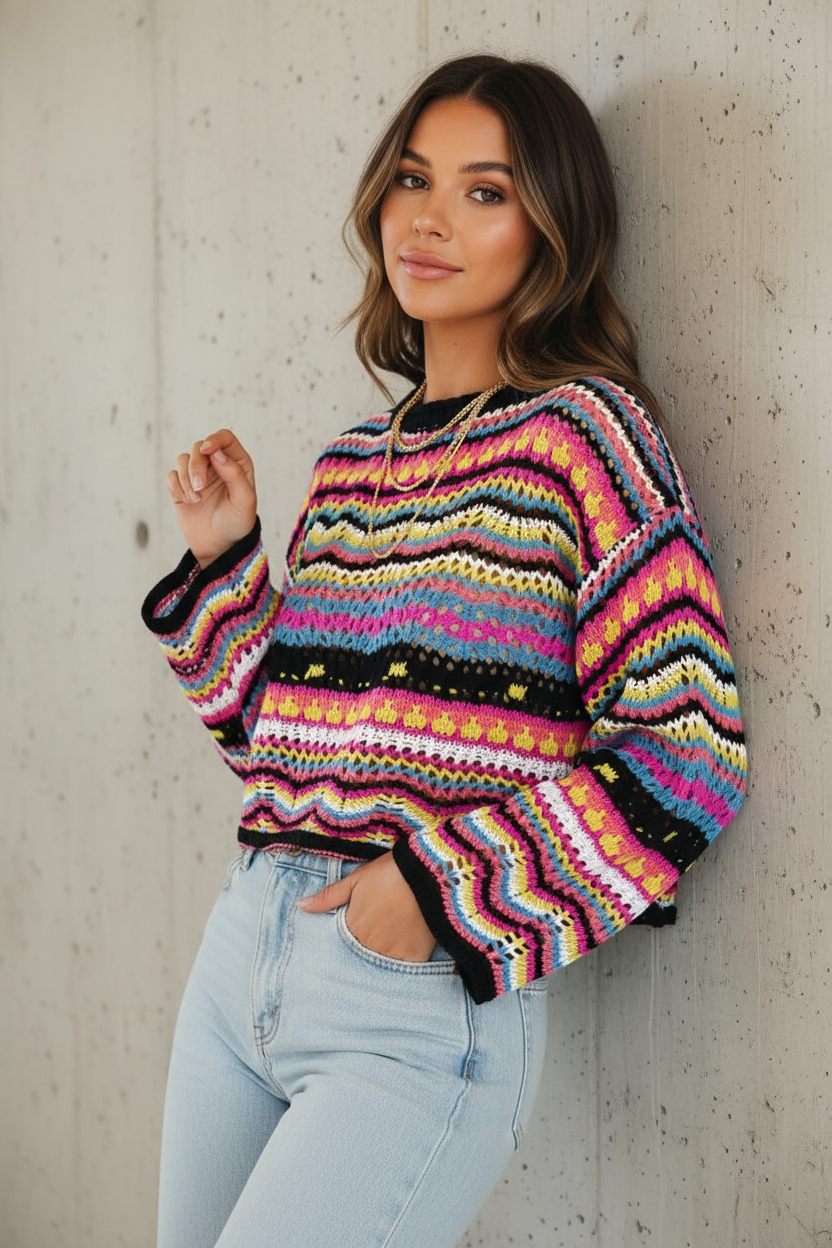 Leila Bunt Häkelpullover Zeitlose Qualität