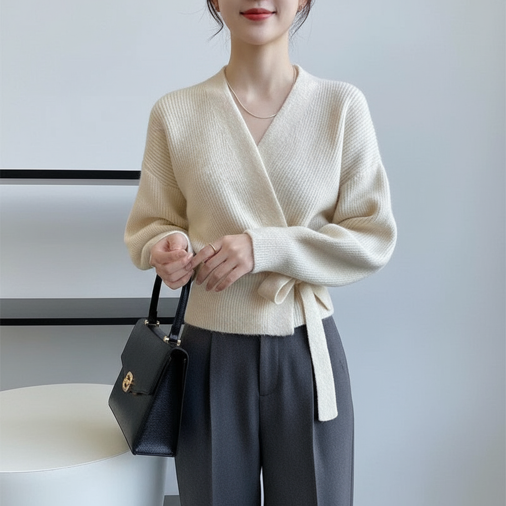 Leighanne Zeitlose Wickel-Strickjacke mit Bindeband