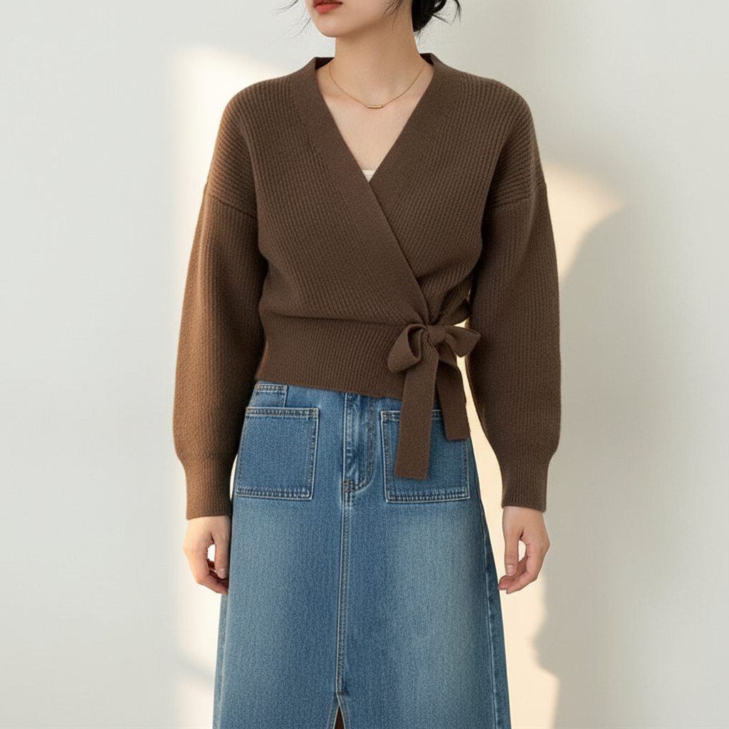 Leighanne Zeitlose Wickel-Strickjacke mit Bindeband