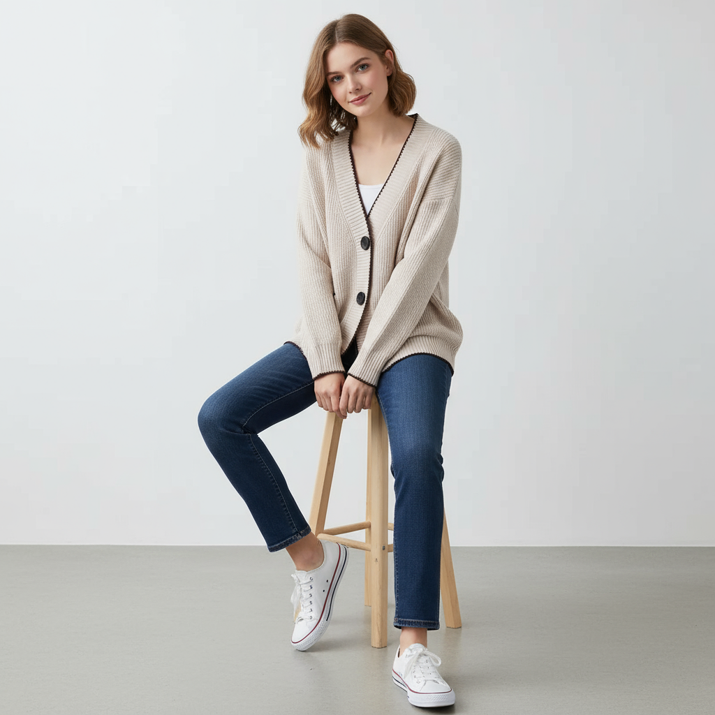 Allana Zeitlose Strickjacke mit Kontrastbesatz