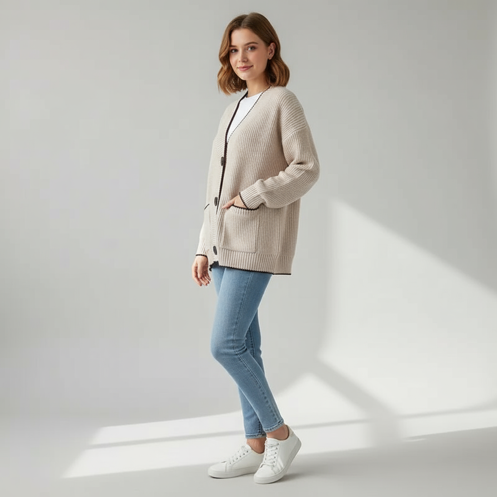 Allana Zeitlose Strickjacke mit Kontrastbesatz