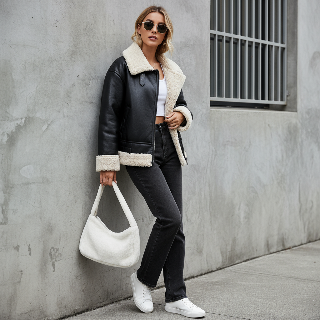 Sofia Zeitlose Lederjacke mit Fellbesatz