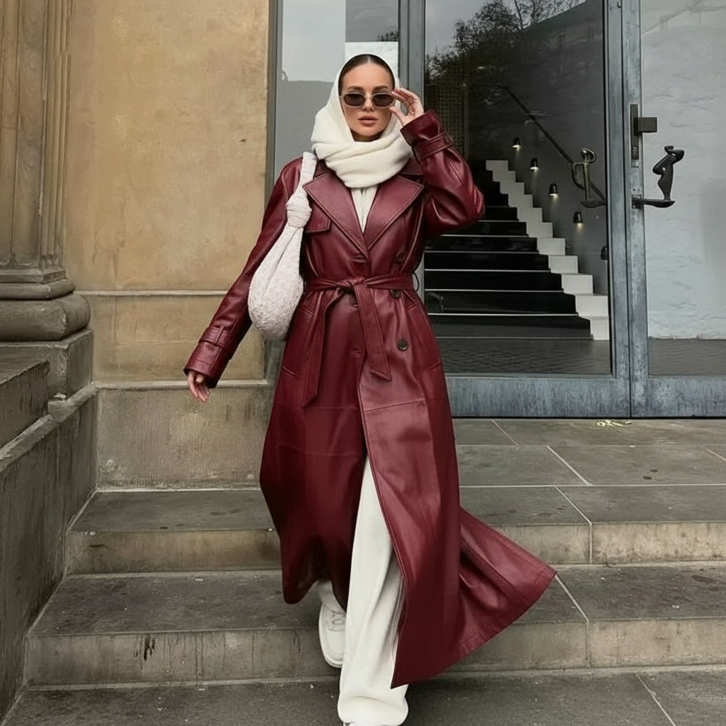 Viviette Eleganter Bordeaux Lammleder-Trenchcoat