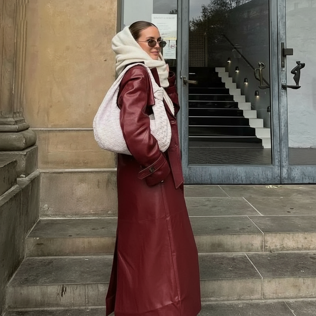 Viviette Eleganter Bordeaux Lammleder-Trenchcoat