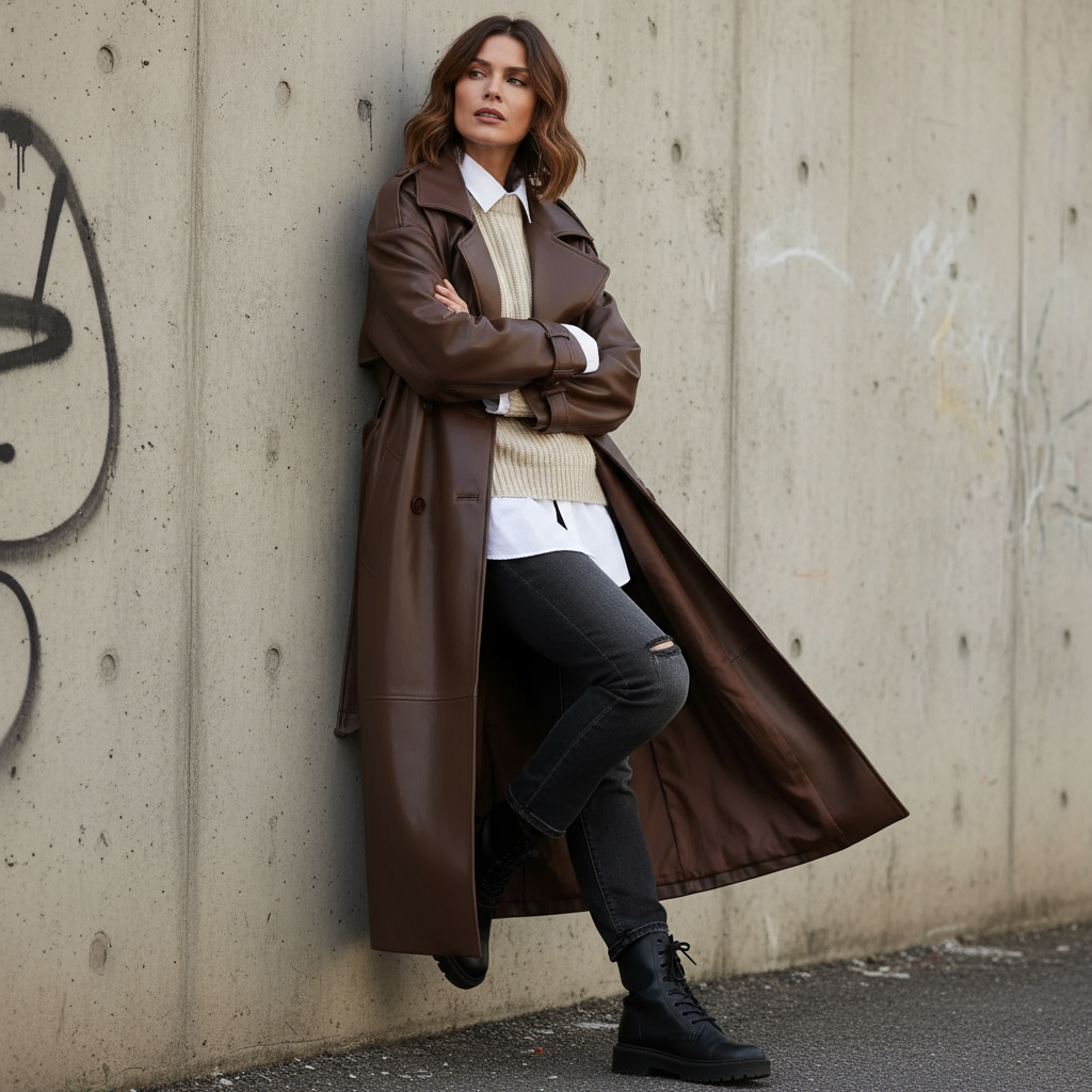 Viviette Eleganter Bordeaux Lammleder-Trenchcoat