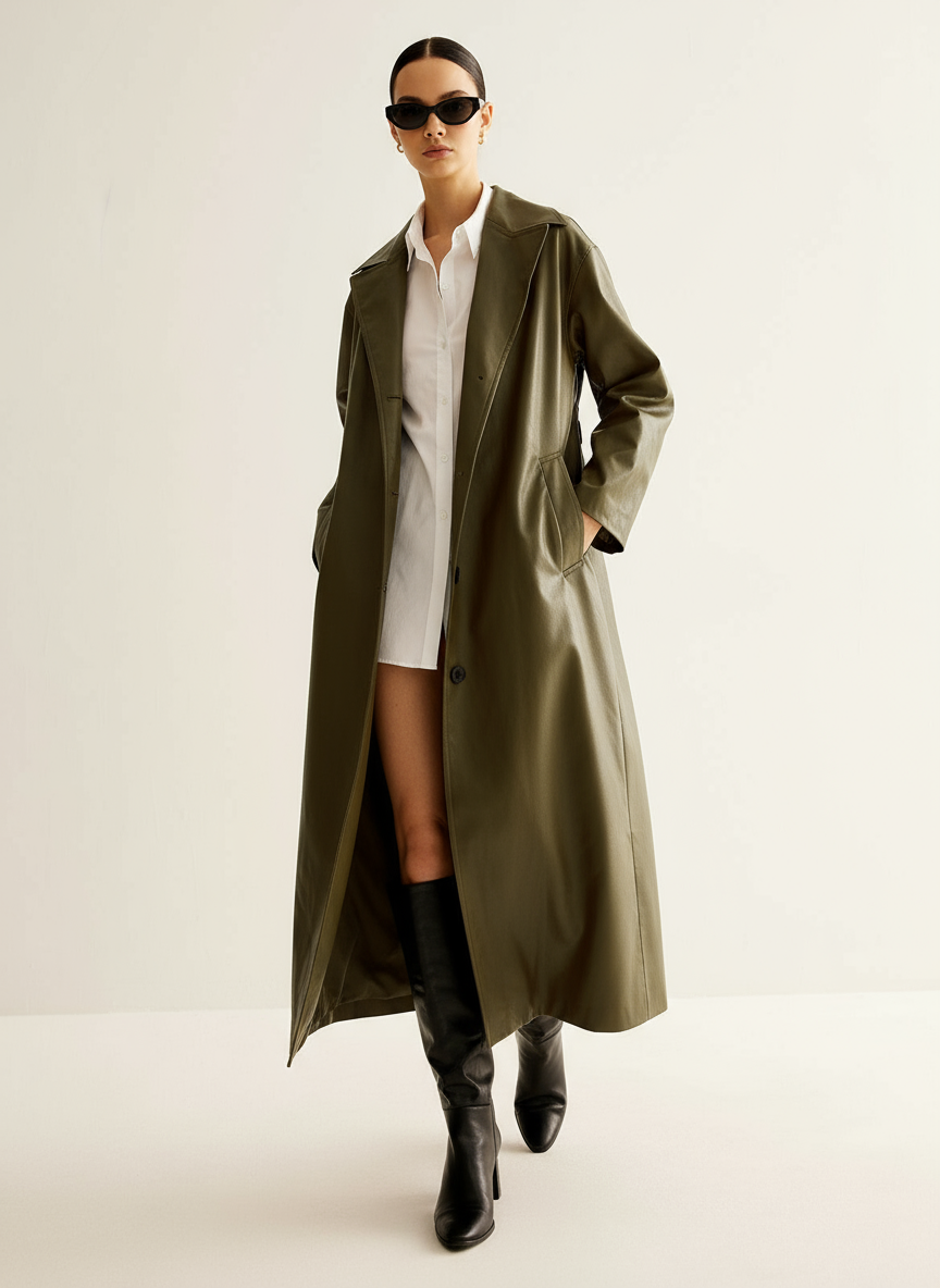 Aurelia Zeitloser Langer Leder Trenchcoat