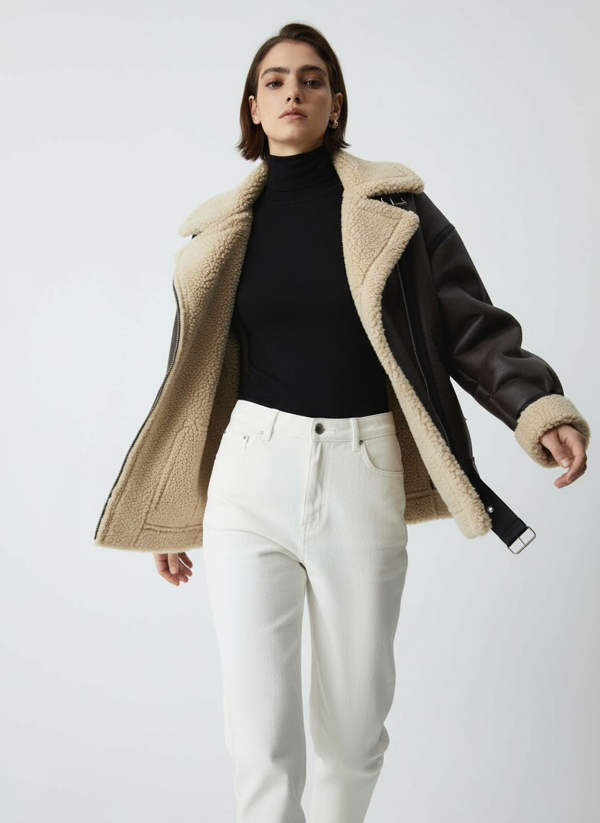 Braun Shearling Fliegerjacke – Lederoptik Mit Teddyfutter