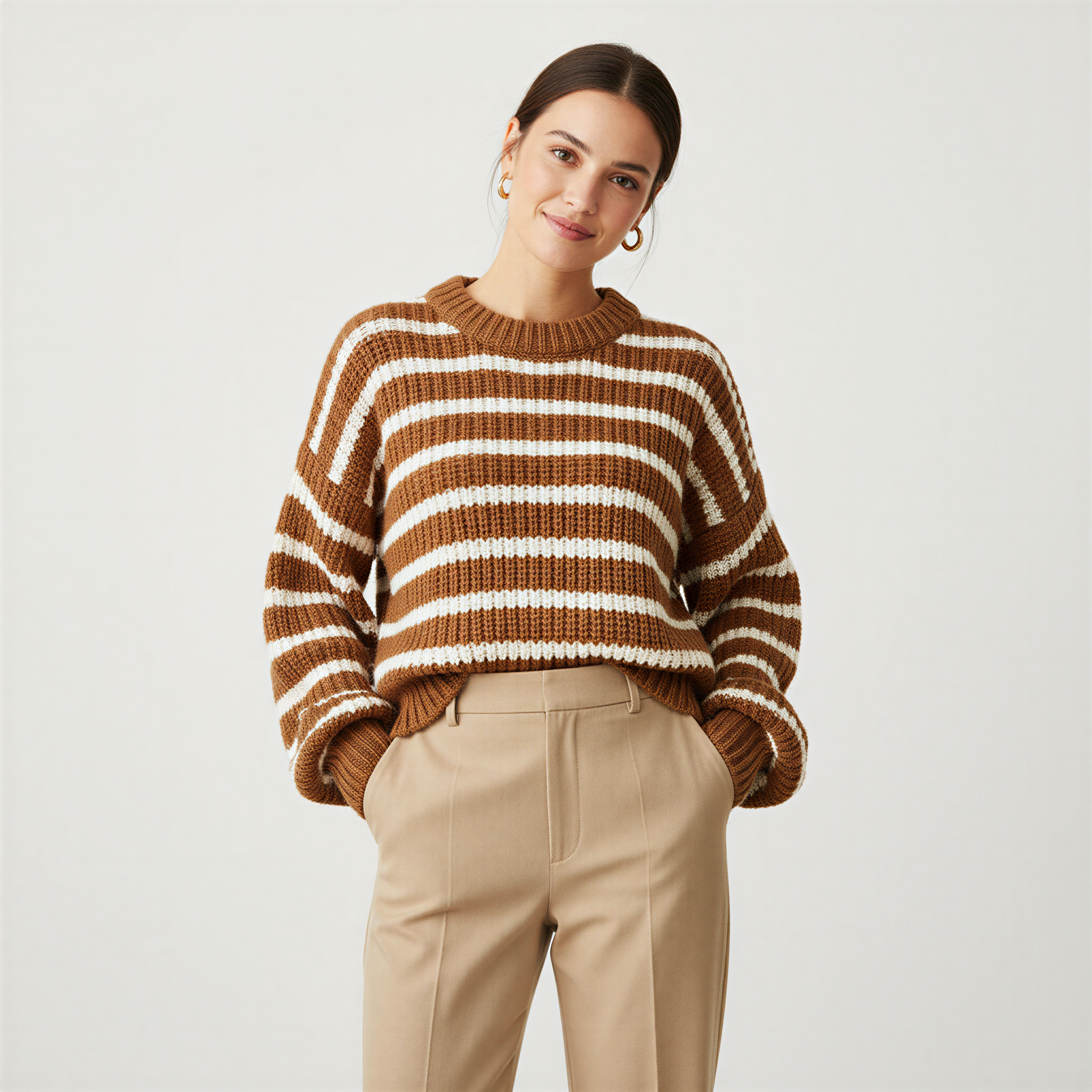 Strickpullover mit Streifen | Lässiger Schnitt | Braun & Aprikose