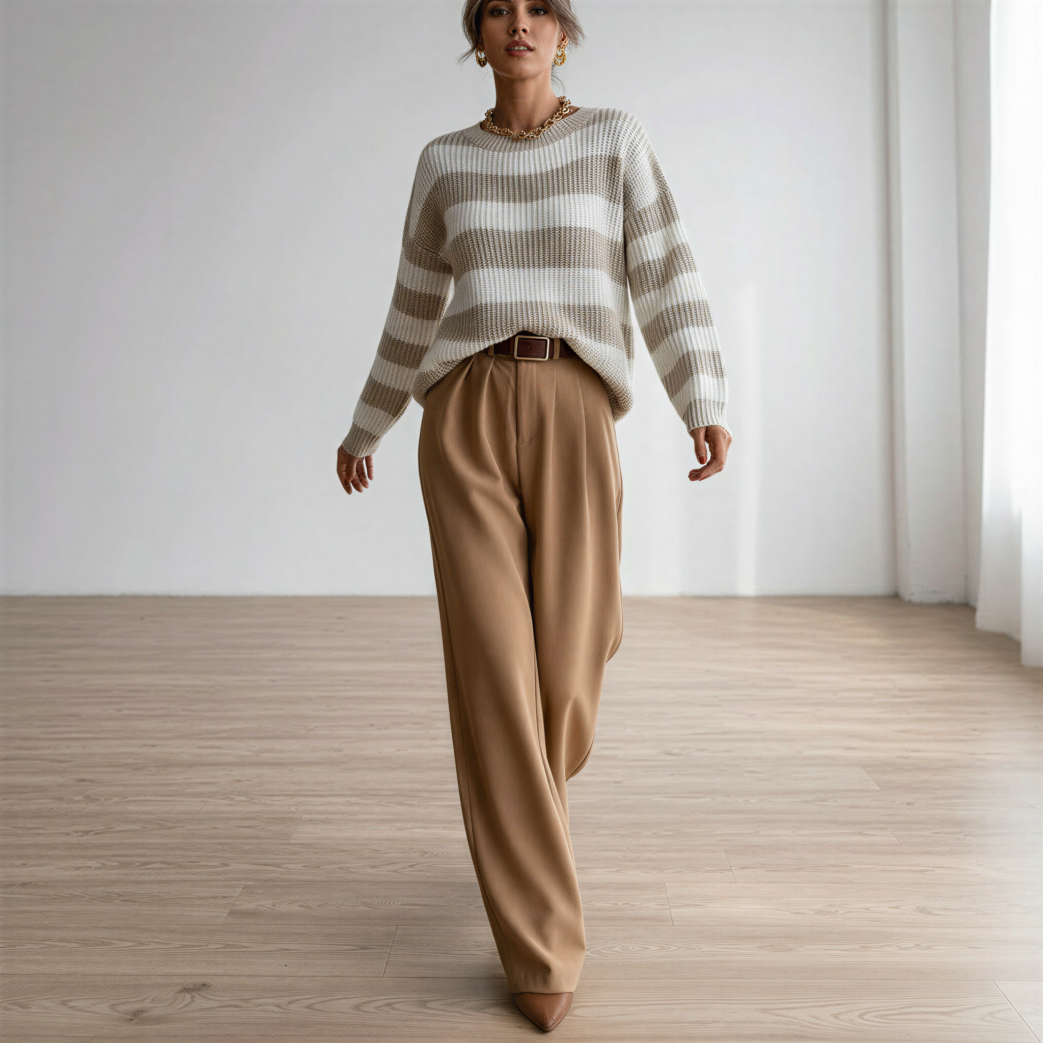 Strickpullover mit Streifen | Lässiger Schnitt | Braun & Aprikose