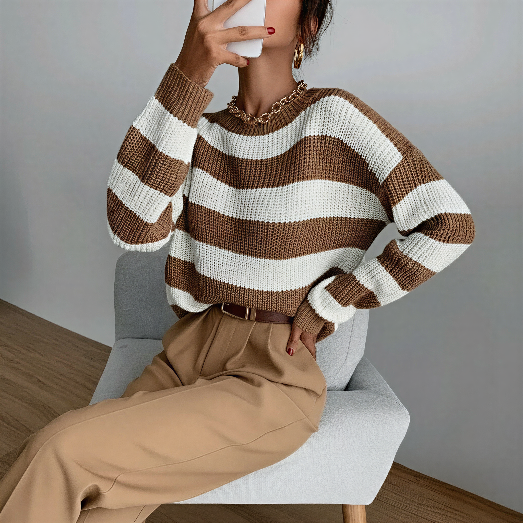 Strickpullover mit Streifen | Lässiger Schnitt | Braun & Aprikose