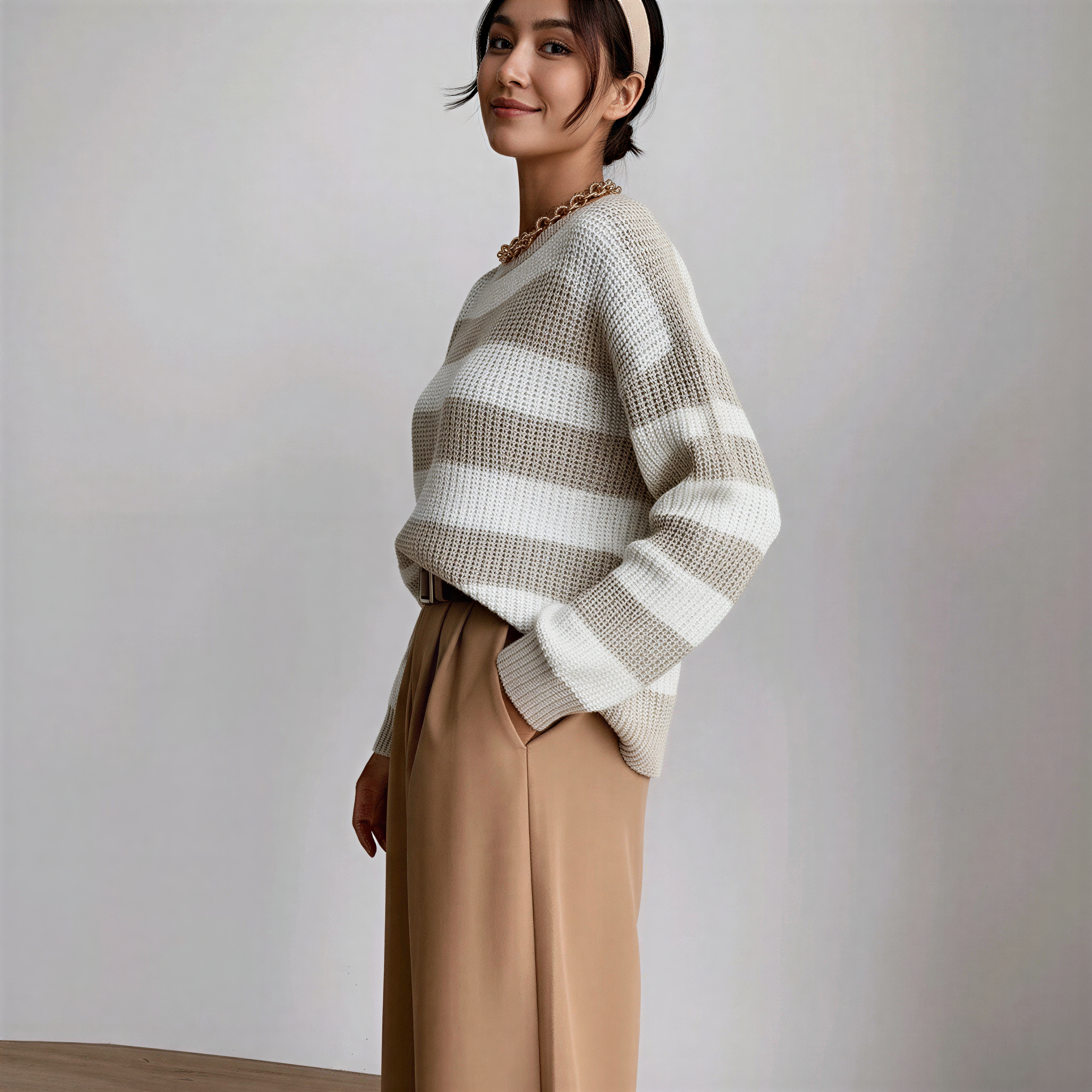 Strickpullover mit Streifen | Lässiger Schnitt | Braun & Aprikose