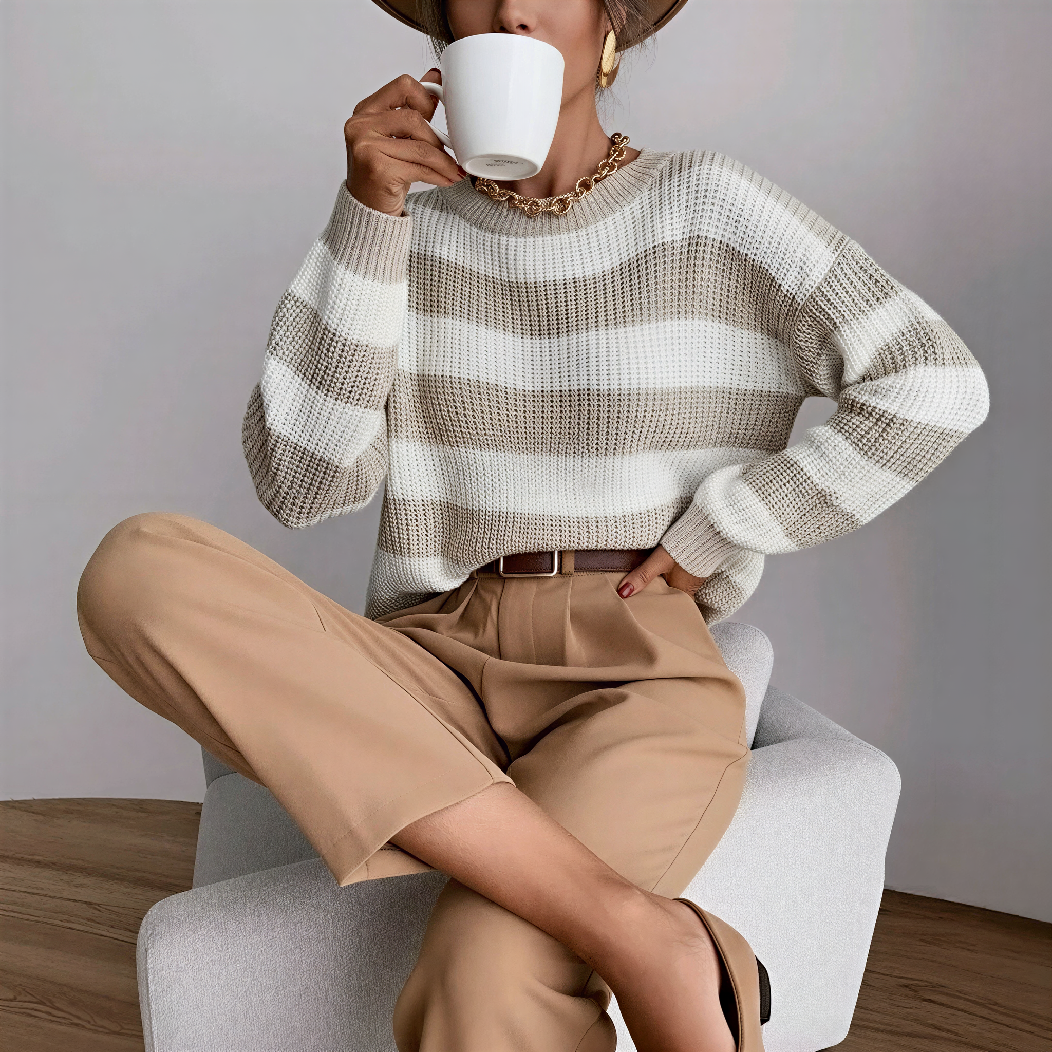 Strickpullover mit Streifen | Lässiger Schnitt | Braun & Aprikose