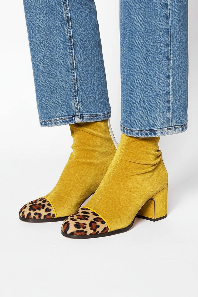 Stiefeletten | Senfgelb mit Leo-Print | Casual Chic