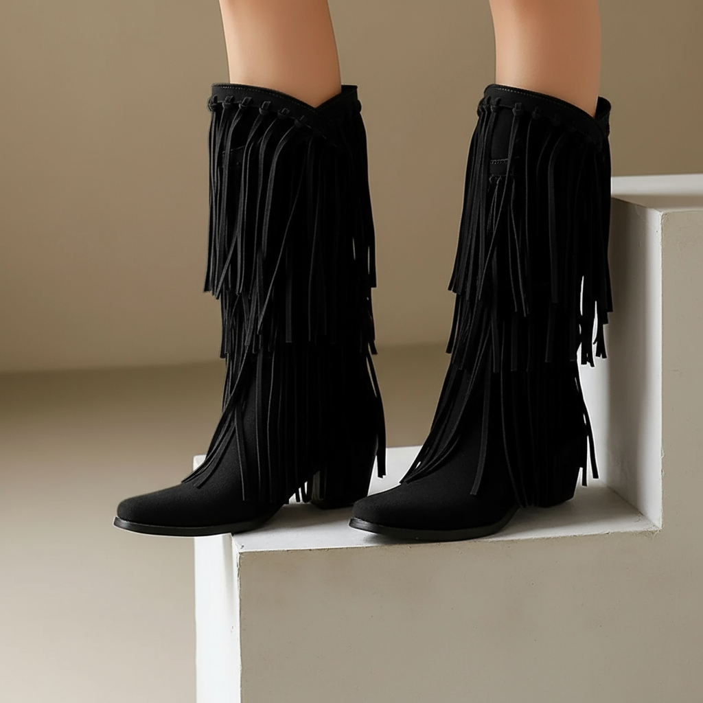 Stiefel mit Fransen | Western-Look | Dunkelbraun