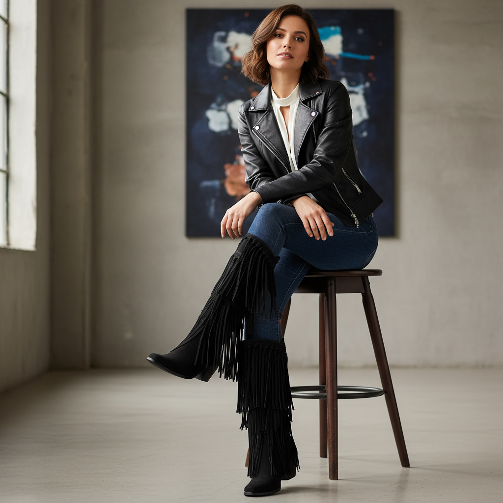 Stiefel mit Fransen | Western-Look | Dunkelbraun