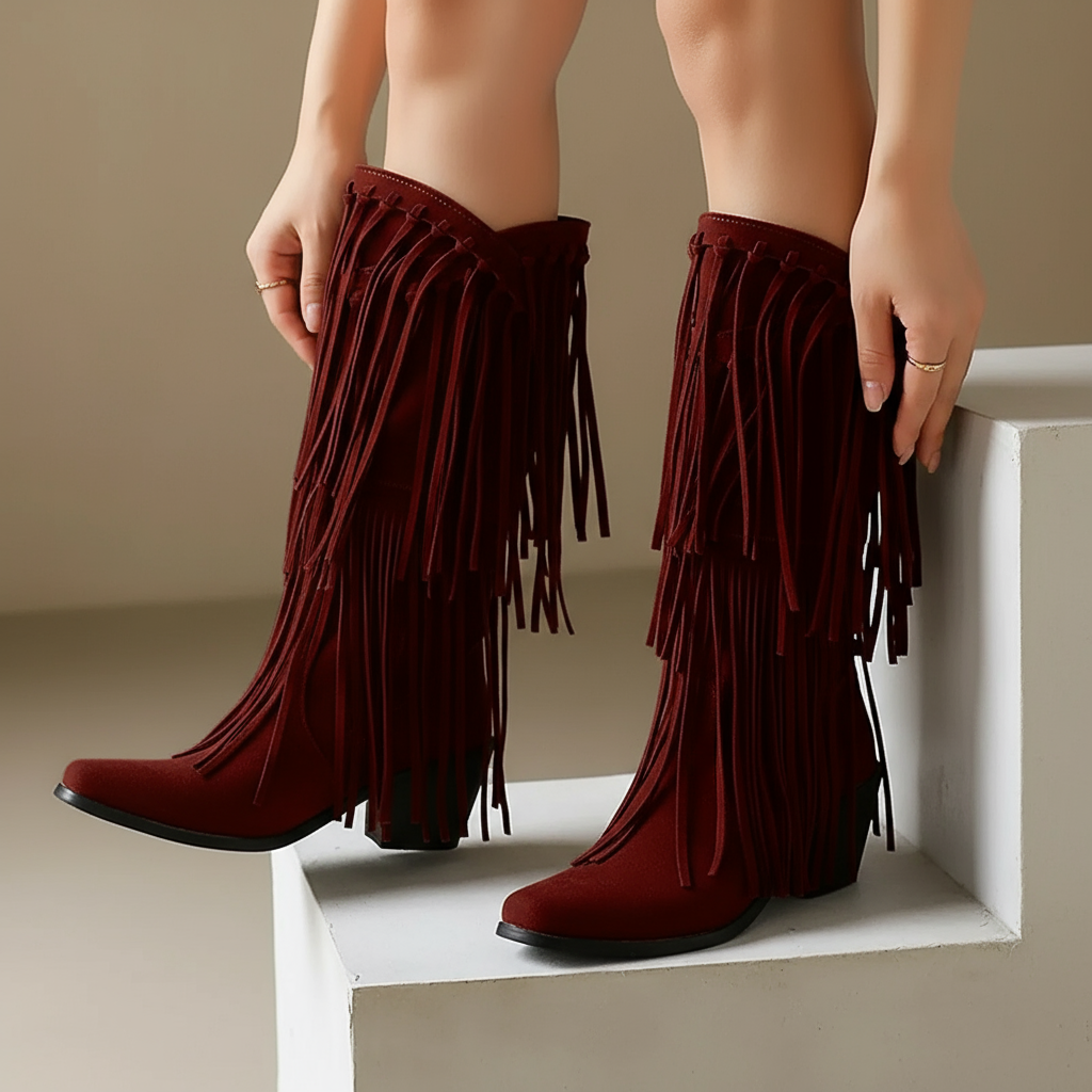 Stiefel mit Fransen | Western-Look | Dunkelbraun