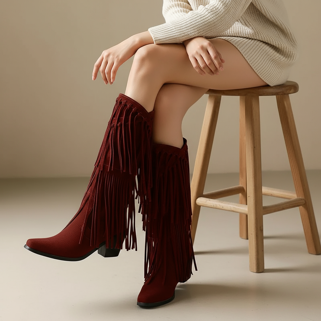 Stiefel mit Fransen | Western-Look | Dunkelbraun
