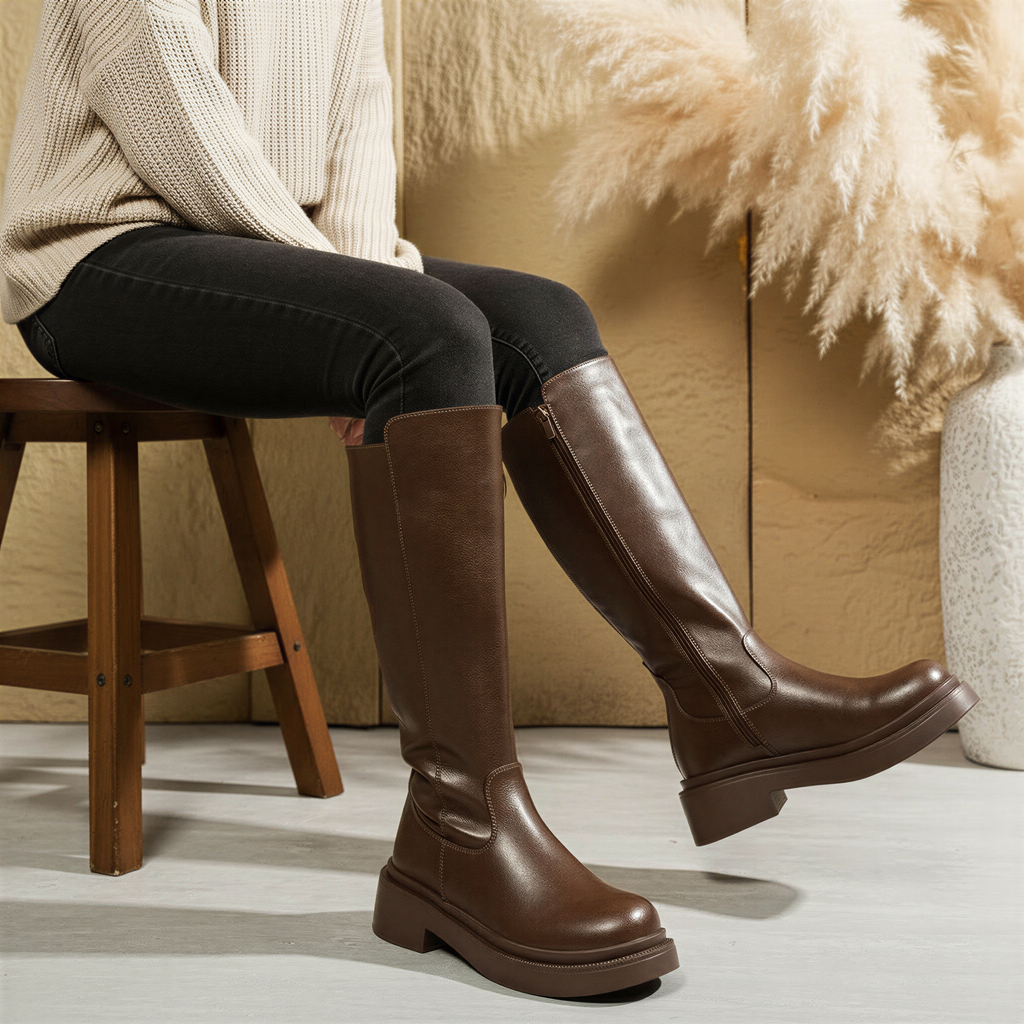 Kniehohe Stiefel | Chunky Sohle | Kunstleder