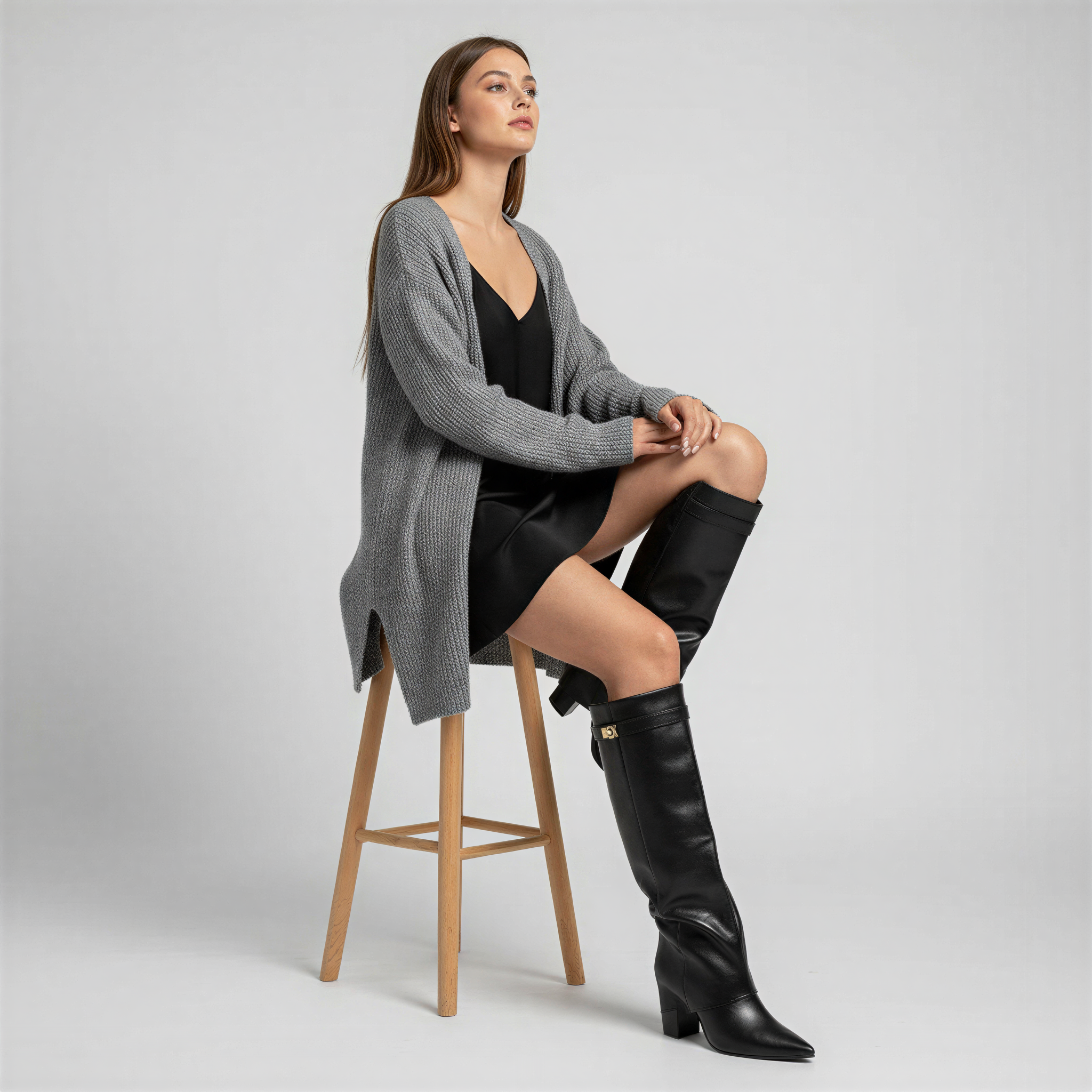 Oberschenkelhohe Stiefel | Fold-Over Schaft mit Schnalle | Abendmode