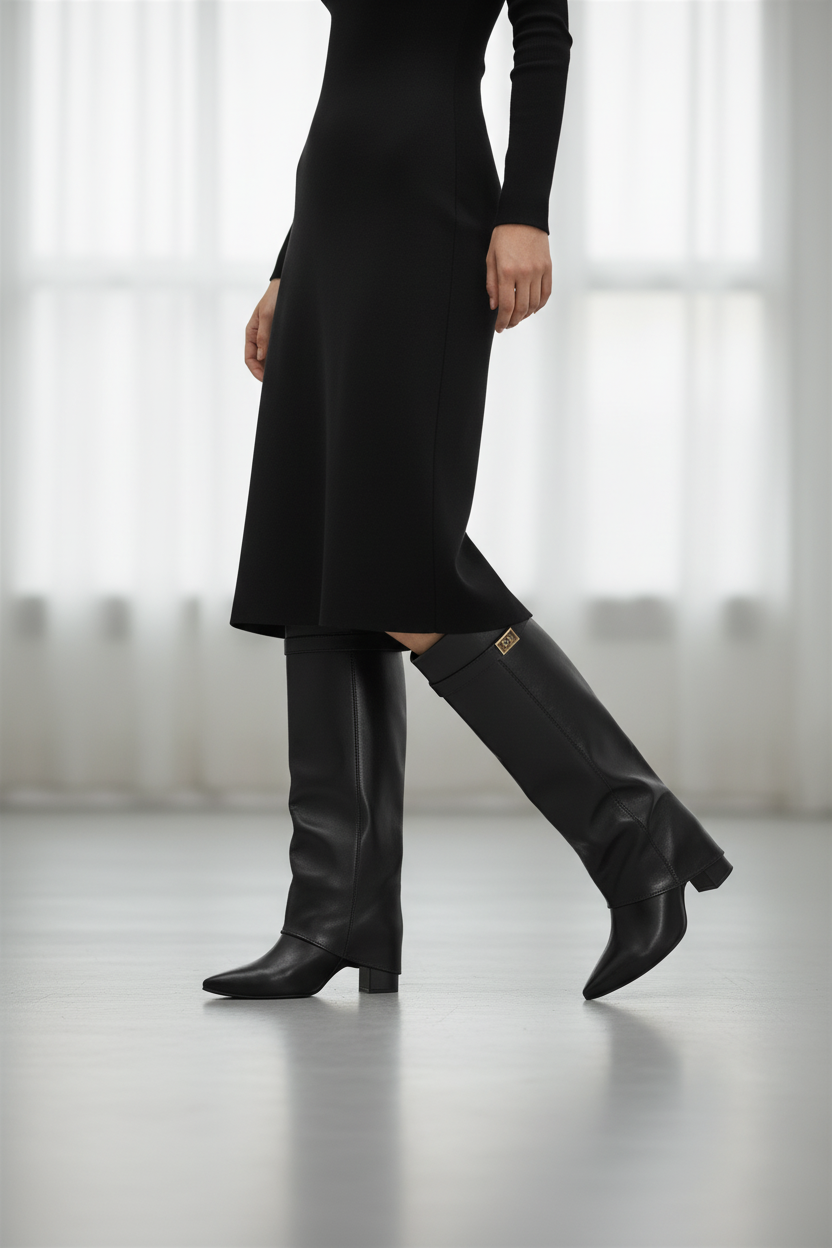 Oberschenkelhohe Stiefel | Fold-Over Schaft mit Schnalle | Abendmode