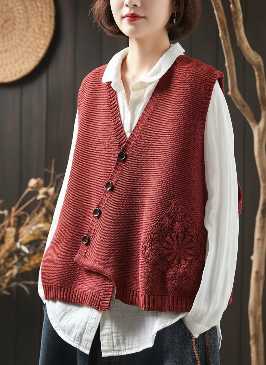 Strickweste Rot | Mit Blumenstickerei | Damen