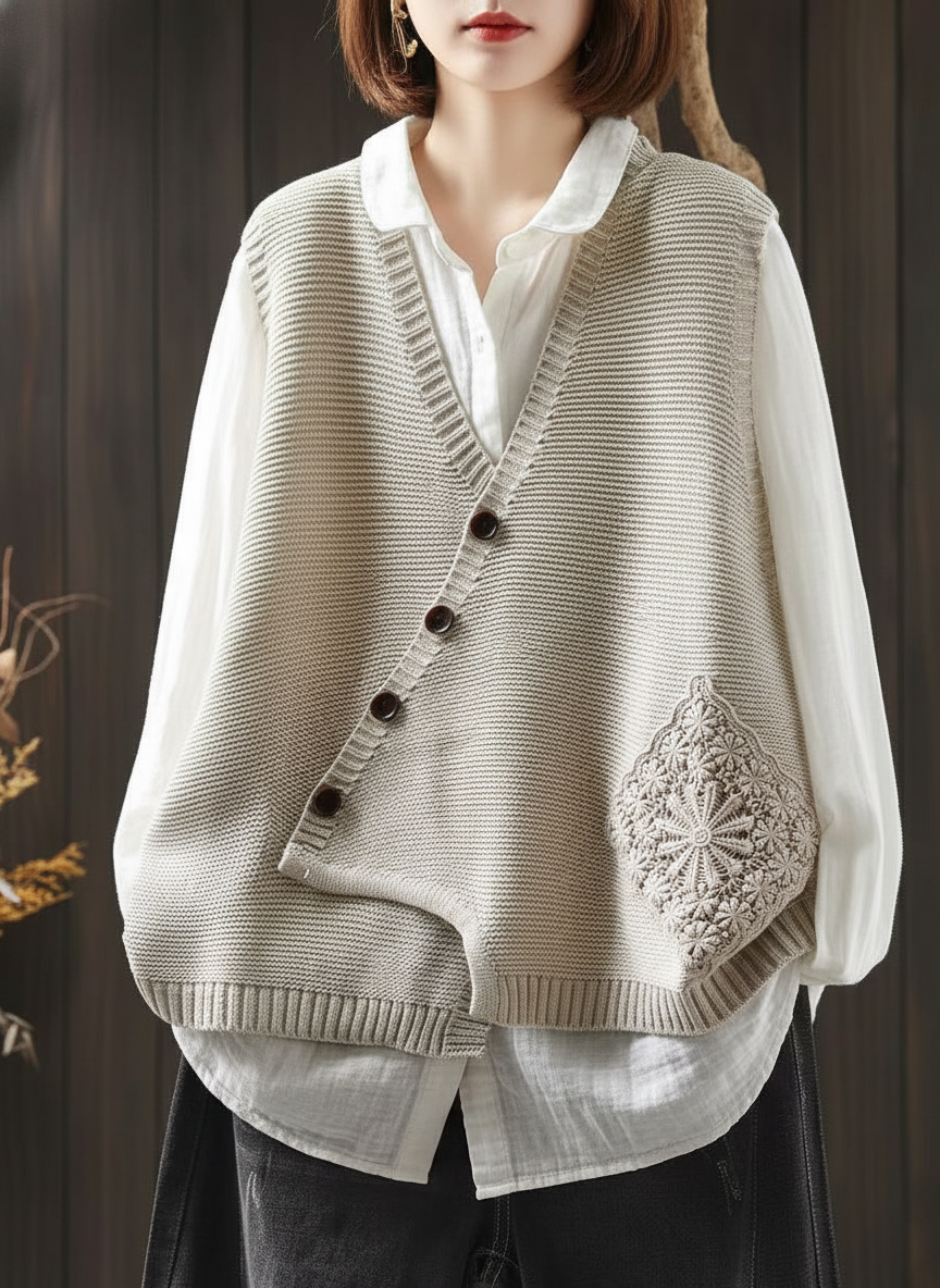 Strickweste Rot | Mit Blumenstickerei | Damen