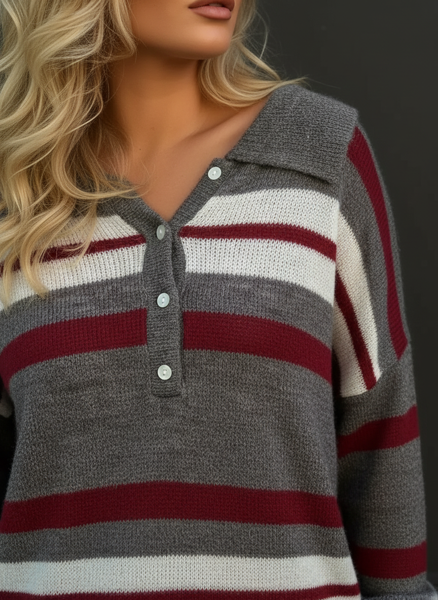 Strickpullover mit Streifen | V-Ausschnitt | Lässiger Chic