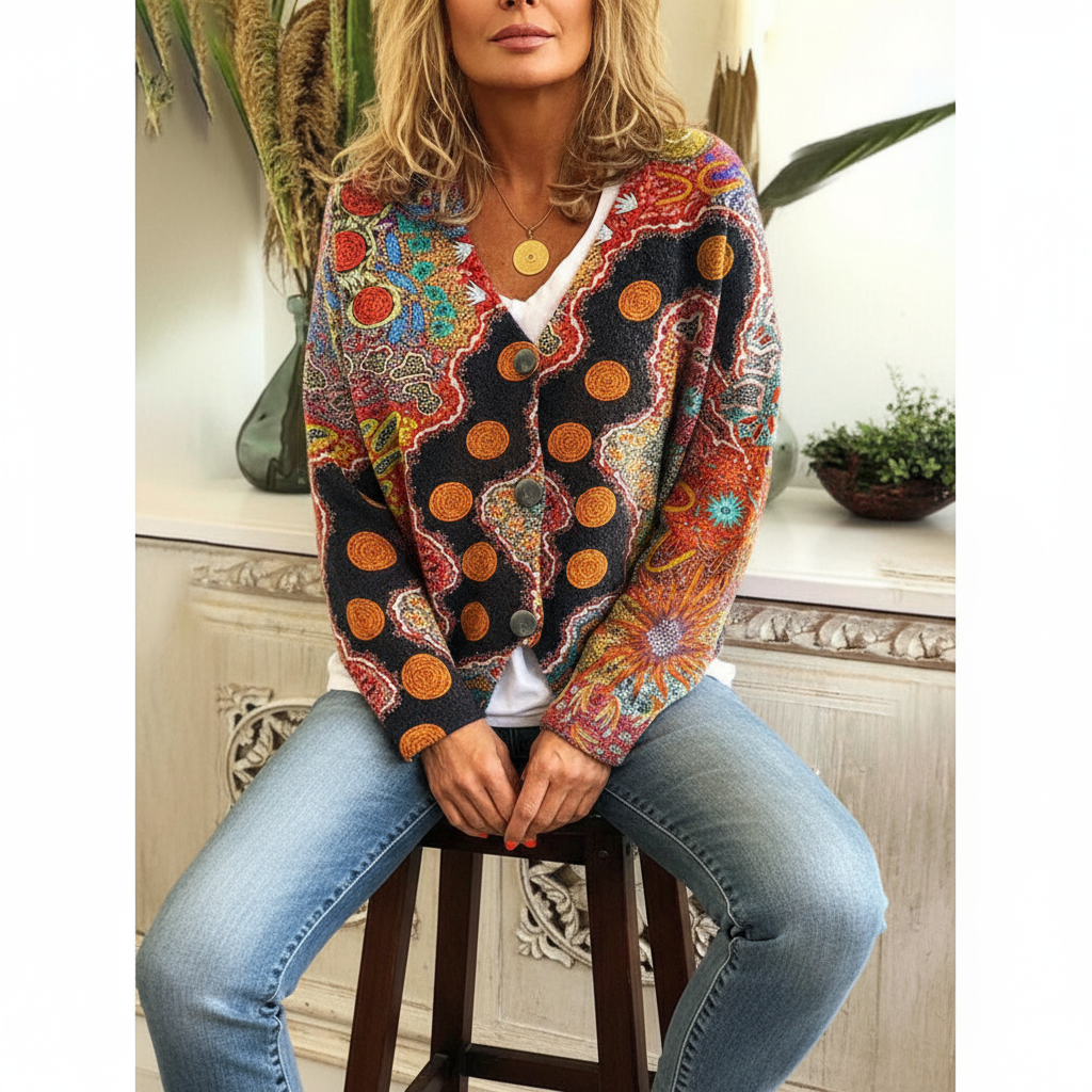 Strickcardigan | Farbenfroher Ethno-Print | Lässiger Look