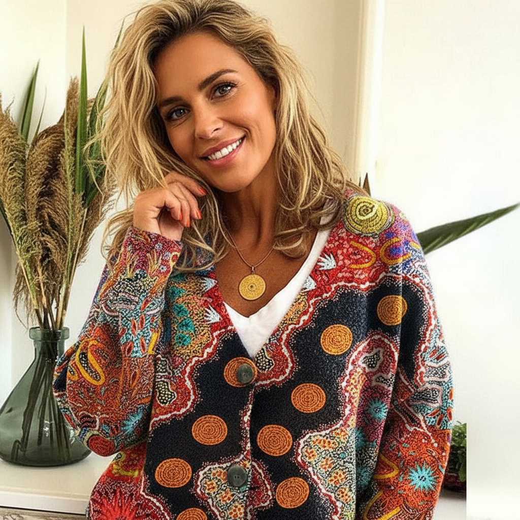 Strickcardigan | Farbenfroher Ethno-Print | Lässiger Look
