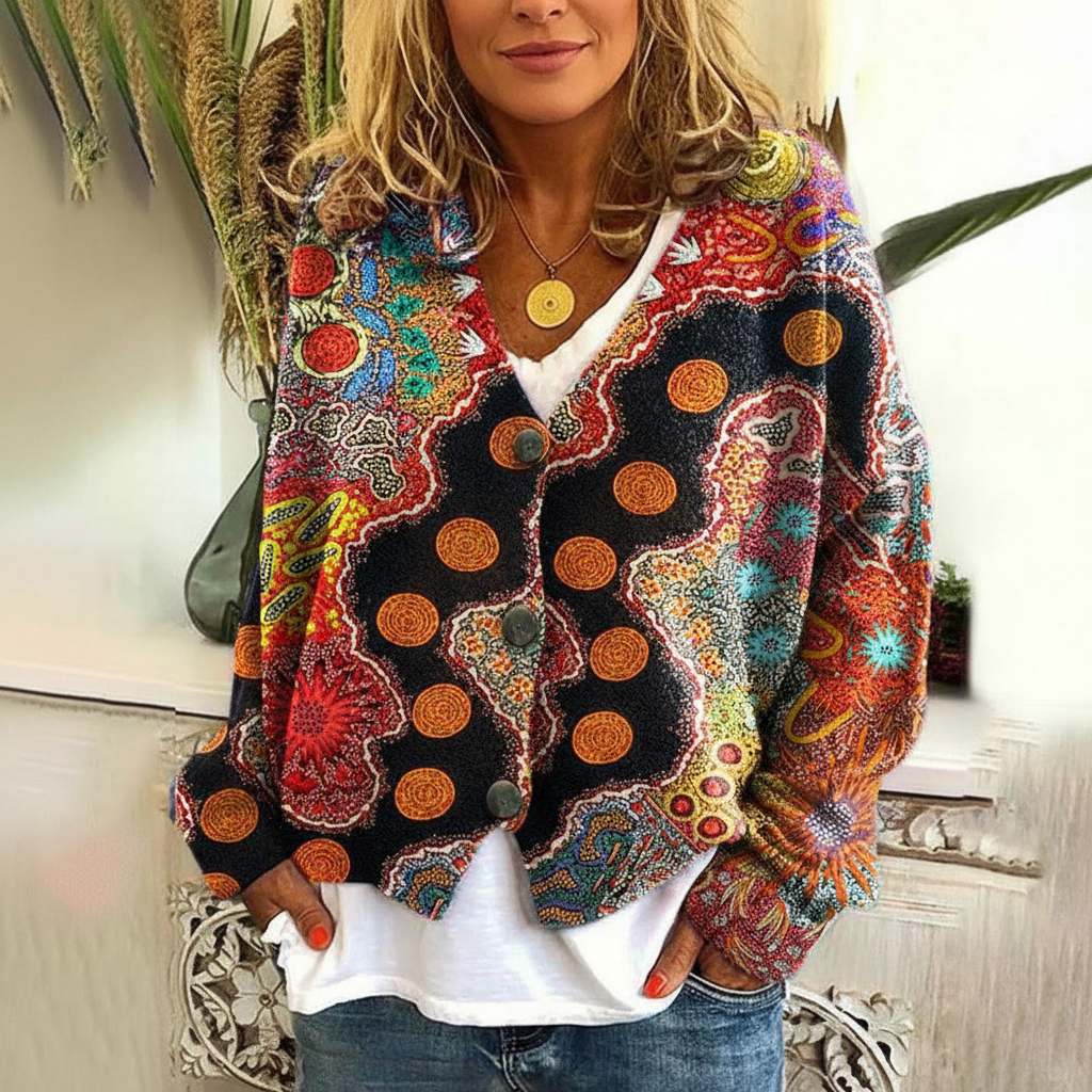 Strickcardigan | Farbenfroher Ethno-Print | Lässiger Look