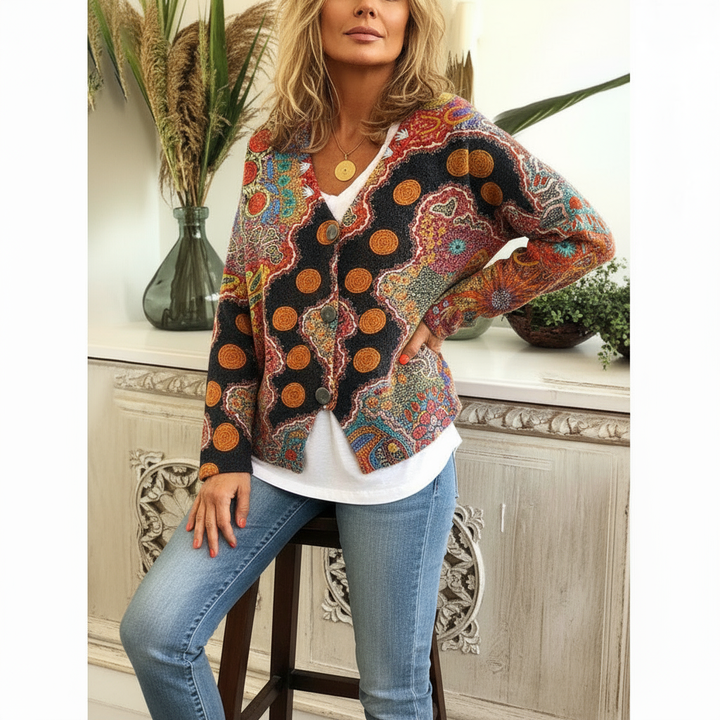 Strickcardigan | Farbenfroher Ethno-Print | Lässiger Look