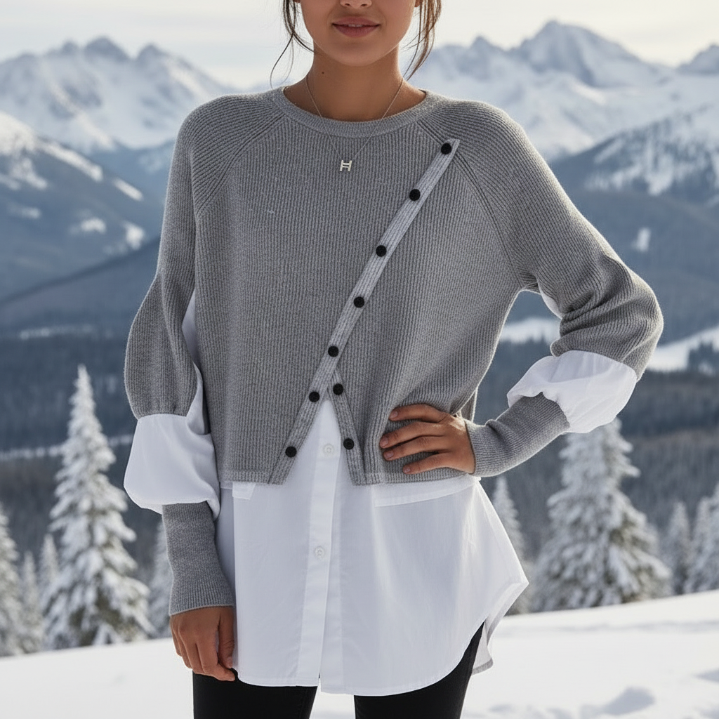 Lagenlook Top | Asymmetrischer Knopf | Business Casual