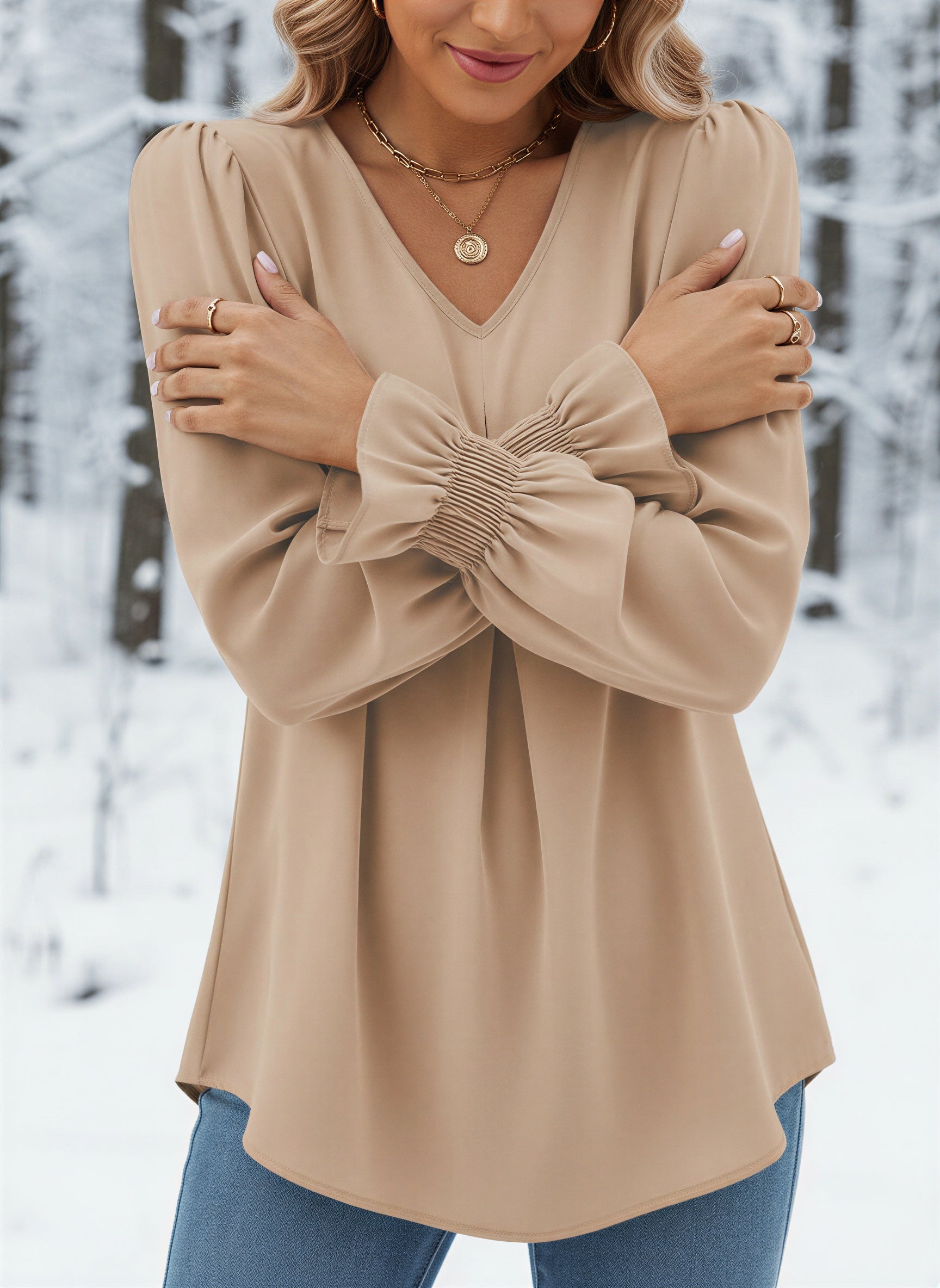 Eleganter Chiffon-Bluse | V-Ausschnitt & Raffung | Business Casual